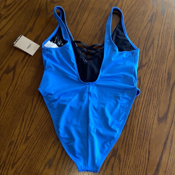 Nike Blue Plunge Logo High Cut Leg One Piece Swimsuit - Picture 2 of 4